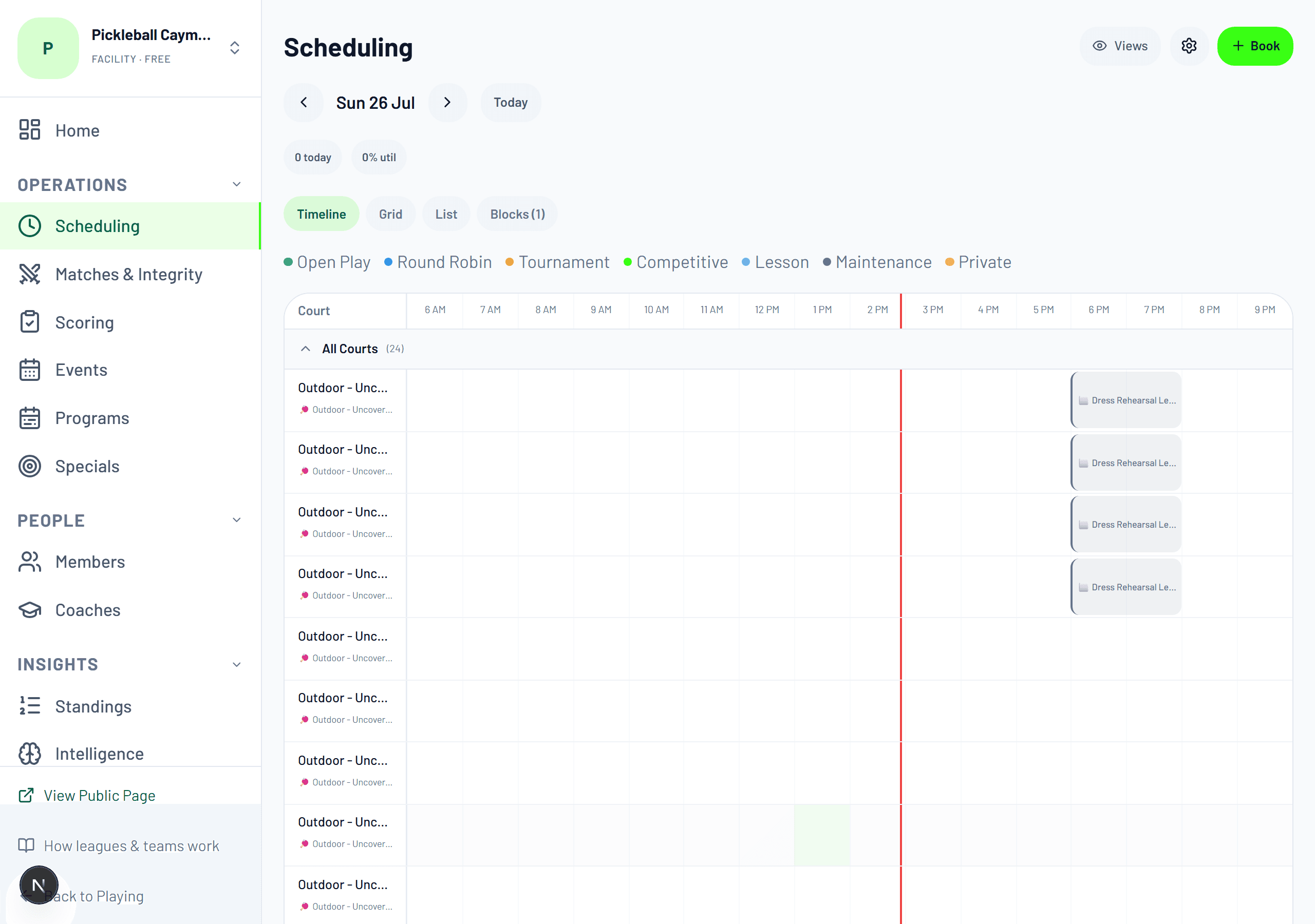 The scheduling timeline: every court, colour-coded by use, with utilisation.
