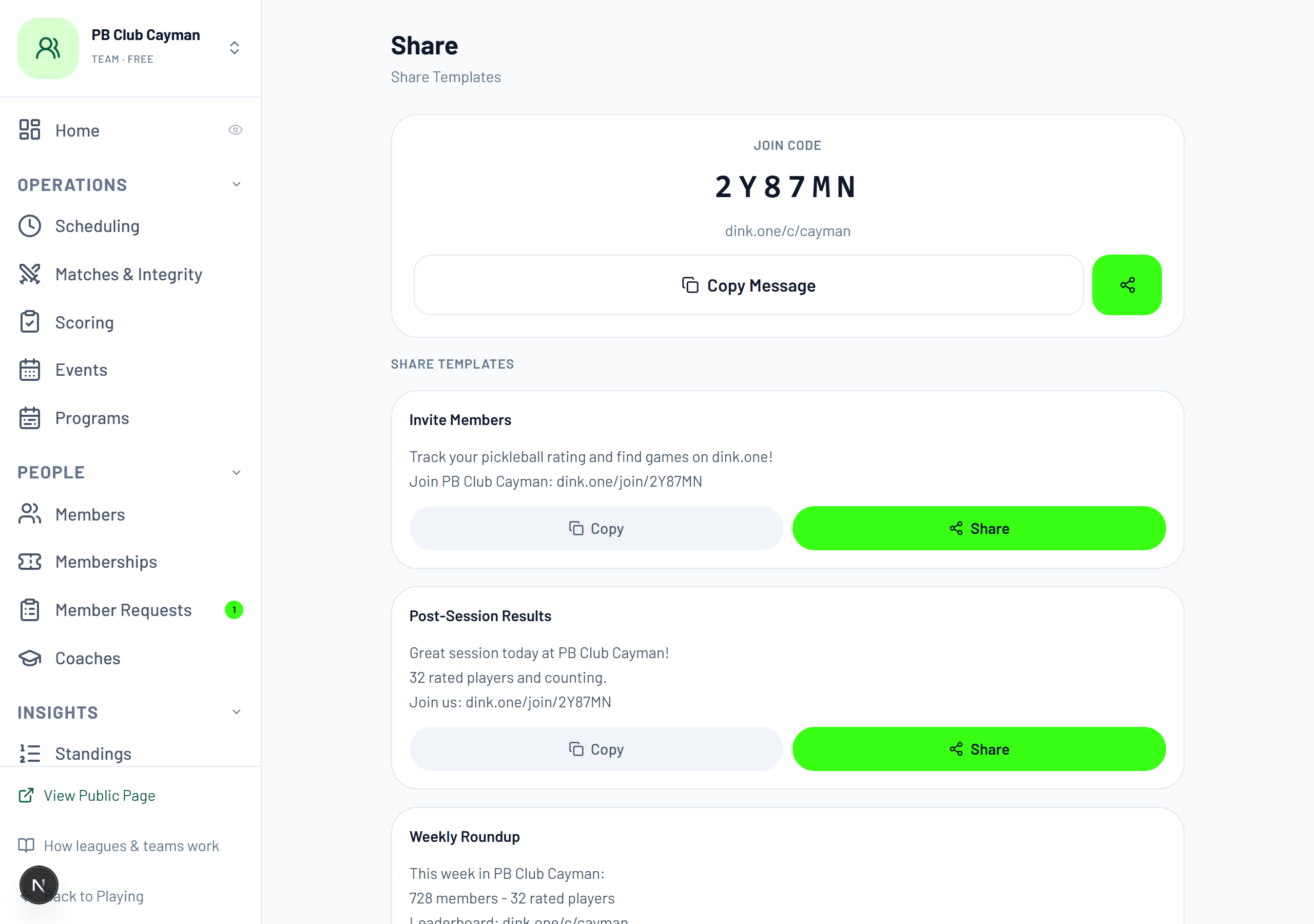 The Share screen: join code, link, and messages you can paste into a group chat.