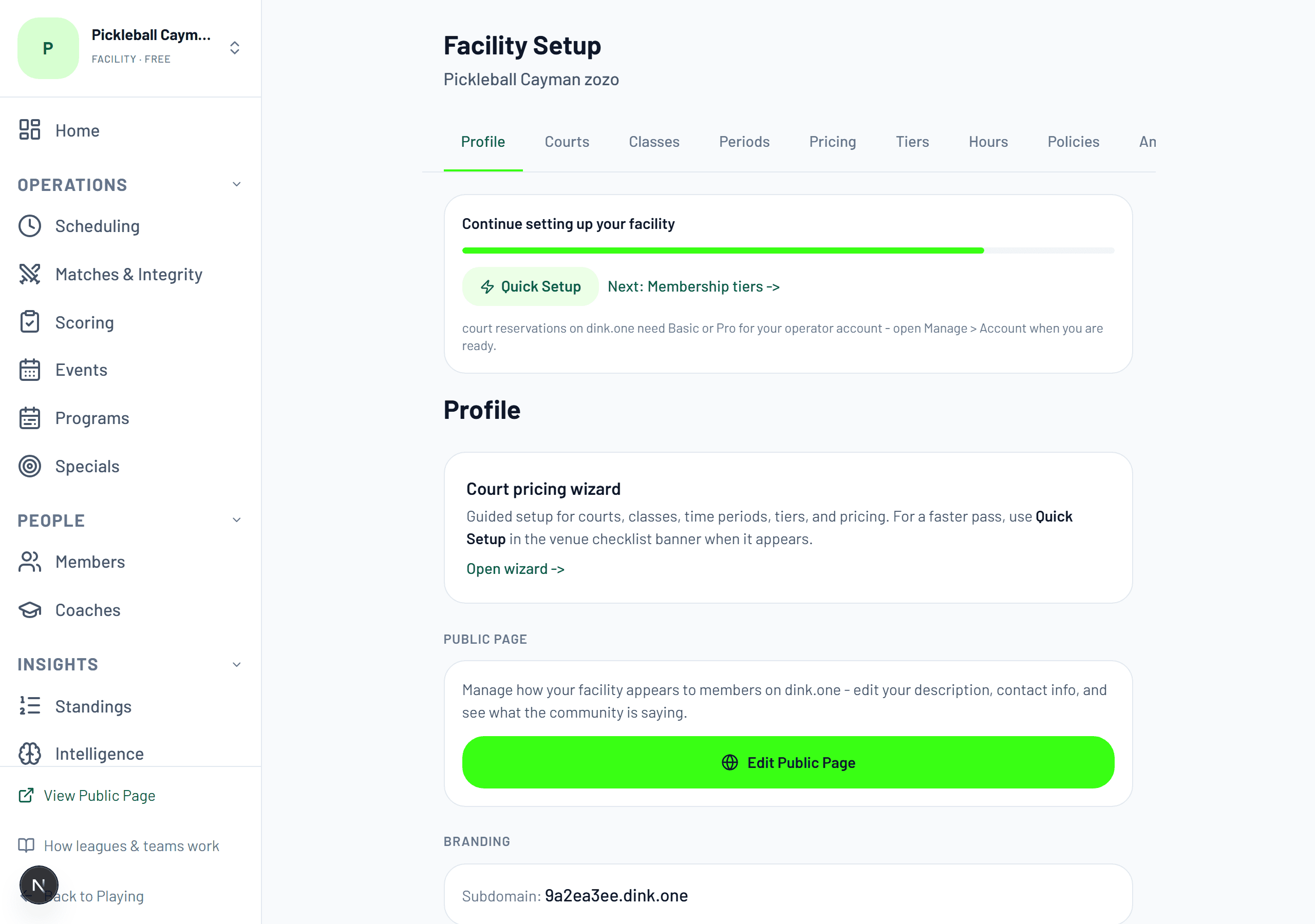facility setup. Tabbed, saves as you go, with a checklist of what is still missing.