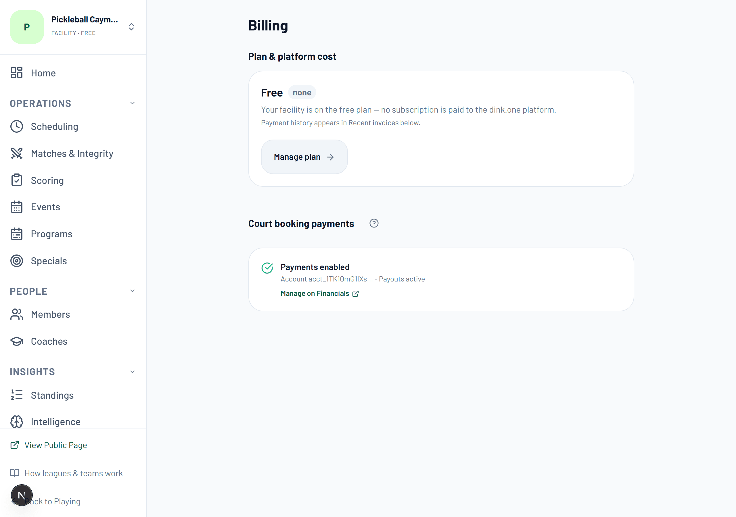 The Billing page. Connect once and it covers every league, club and facility you run.