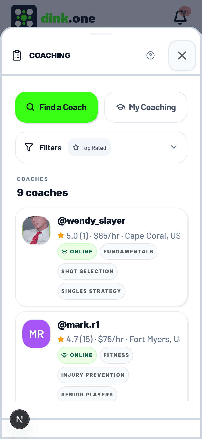 Finding sessions and coaching near you (demo account)