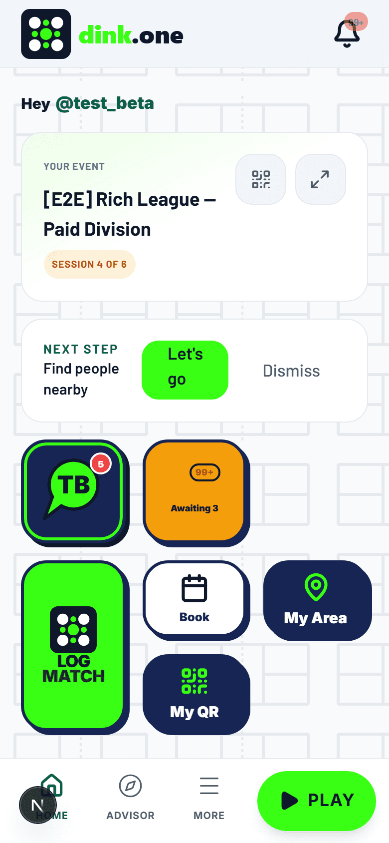 Player home with persona-shaped tiles and the next event (demo account)