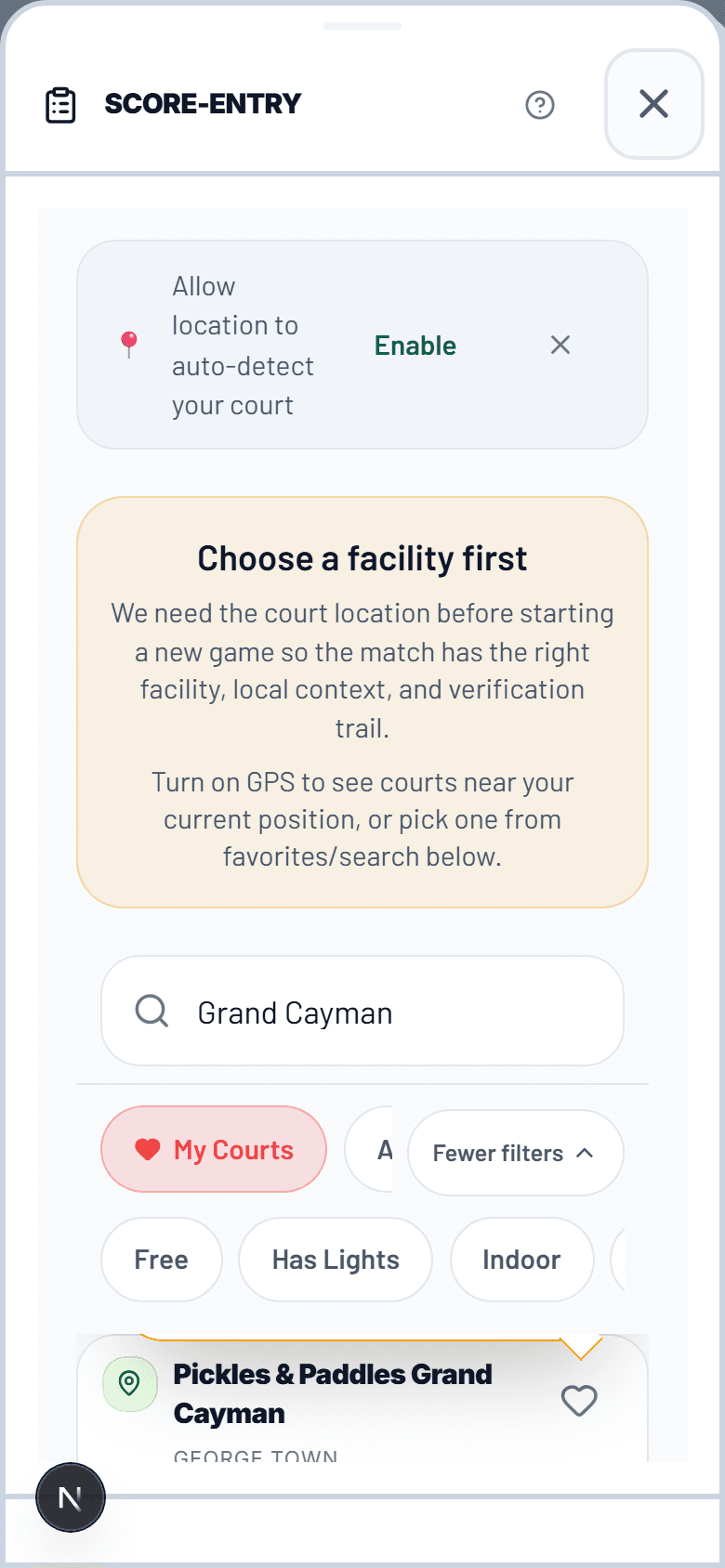 Logging a match score courtside (demo account)