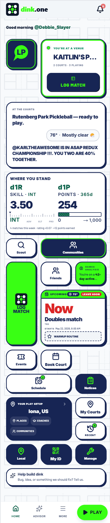 Player home dashboard with persona-shaped bento tiles (demo account)